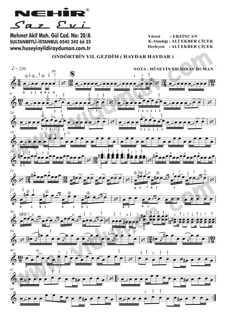 Ondortbin Yil Gezdim Haydar La_1-Baglama-Saz-Turku-Notalari