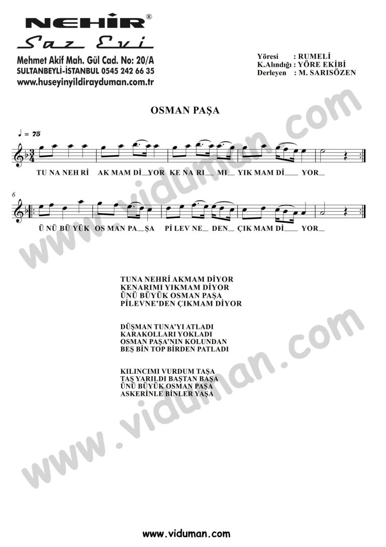 Osman Pasa Tuna Nehri Akmam Diyor-Baglama-Saz-Turku-Notalari