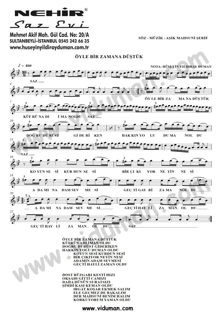 Oyle Bir Zamana Dustuk-Baglama-Saz-Turku-Notalari