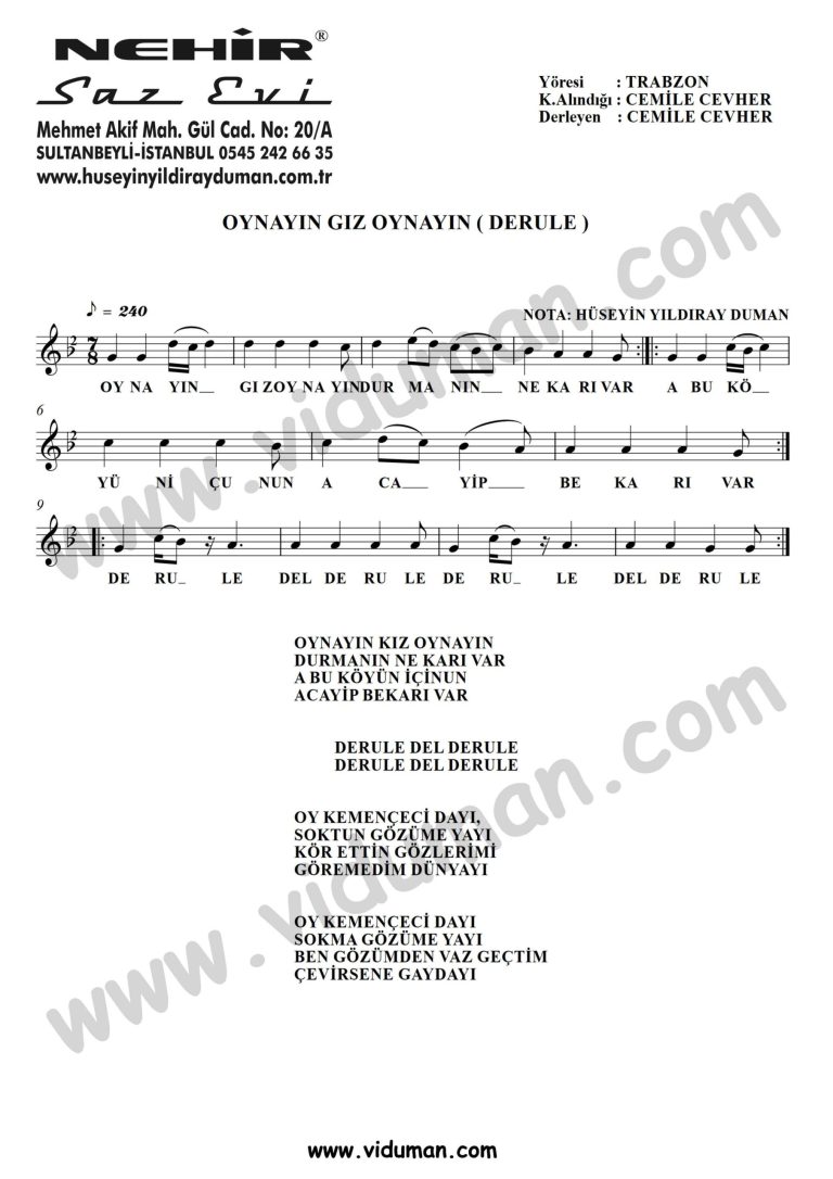 Oynayin Kiz Oynayin Derule-Baglama-Saz-Turku-Notalari