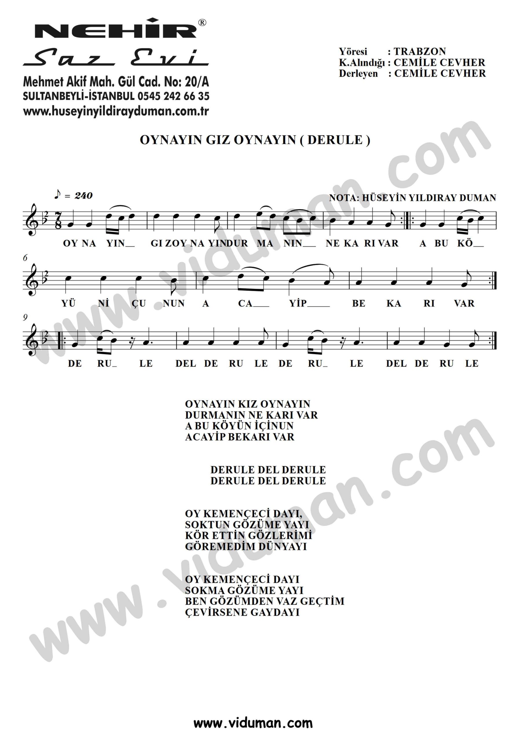 Oynayin Giz Oynayin Derule-Baglama-Saz-Turku-Notalari
