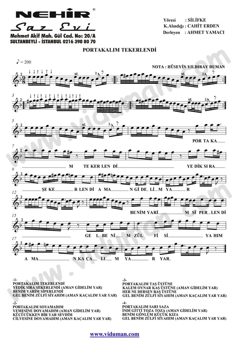 Portakalim Tekerlendi-Baglama-Saz-Turku-Notalari