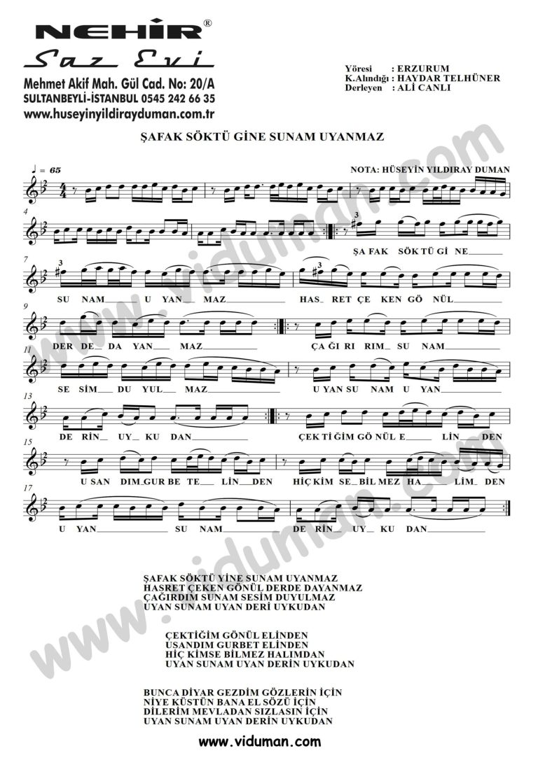 Safak Soktu Gine Sunam Uyanmaz-Baglama-Saz-Turku-Notalari