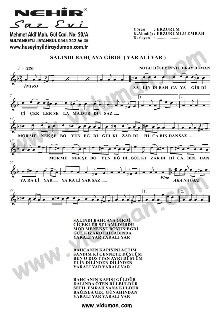 Salindi Bahcaya Girdi Yar Ali Yar-Baglama-Saz-Turku-Notalari