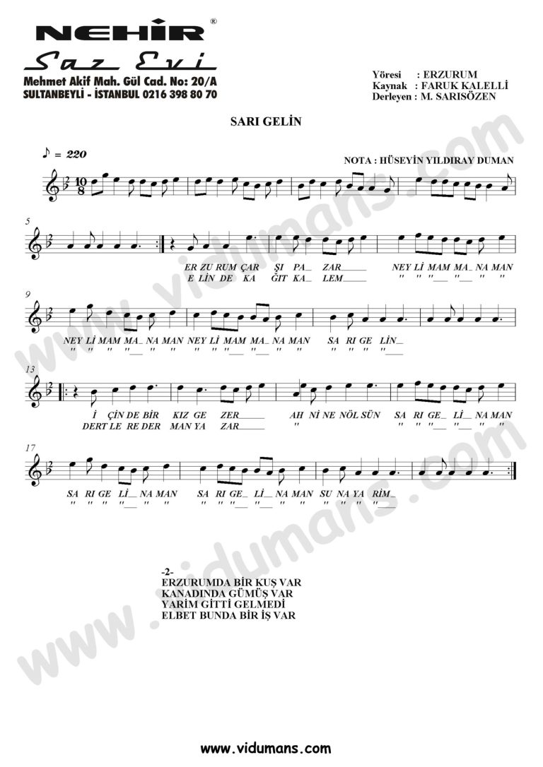 Sari Gelin-Baglama-Saz-Turku-Notalari