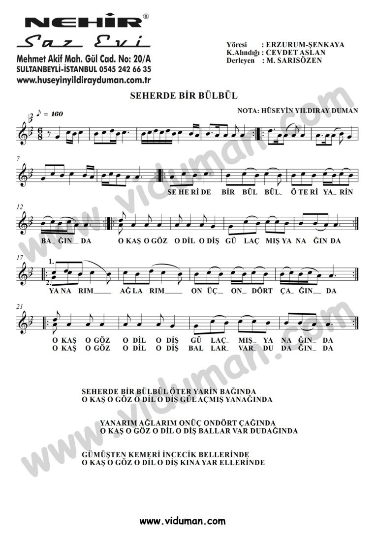 Seherde Bir Bulbul-Baglama-Saz-Turku-Notalari