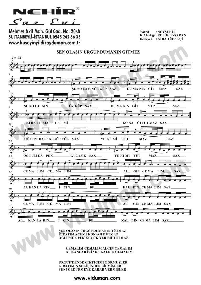 Sen Olasin Urgup Dumanin Gitmez-Baglama-Saz-Turku-Notalari