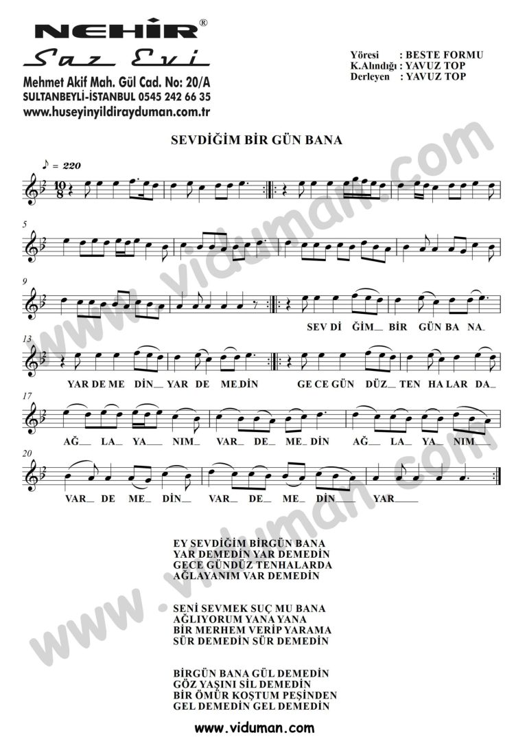 Sevdigim Bir Gun Bana-Baglama-Saz-Turku-Notalari
