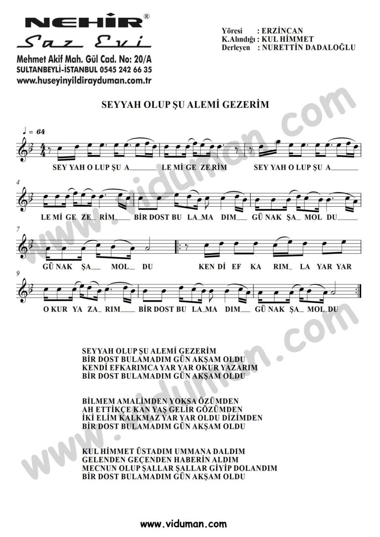 Seyyah Olup Su Alemi Gezerim-Baglama-Saz-Turku-Notalari