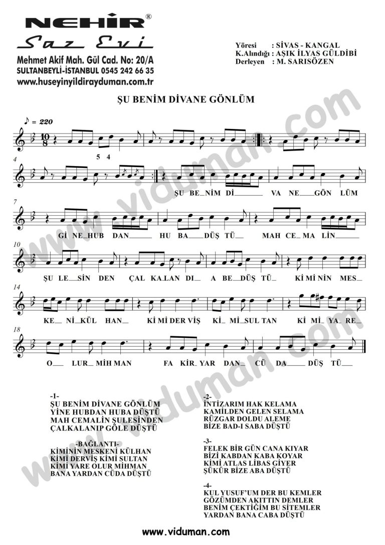 Su Benim Divane Gonlum-Baglama-Saz-Turku-Notalari