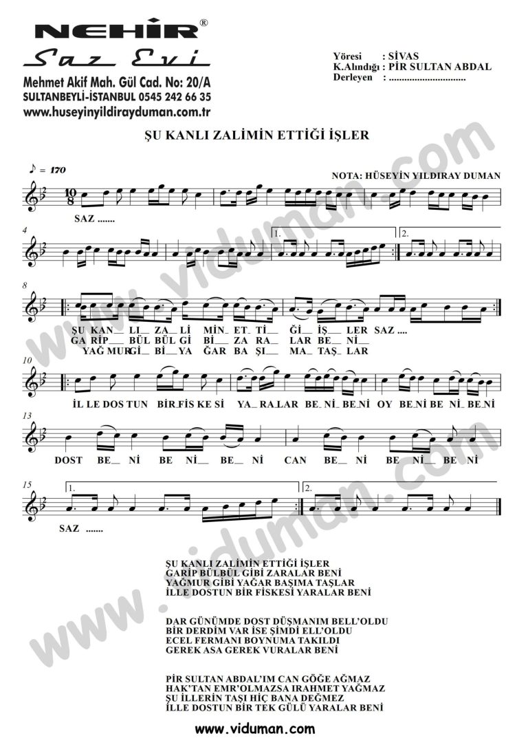 Su Kanli Zalimin Ettigi Isler-Baglama-Saz-Turku-Notalari