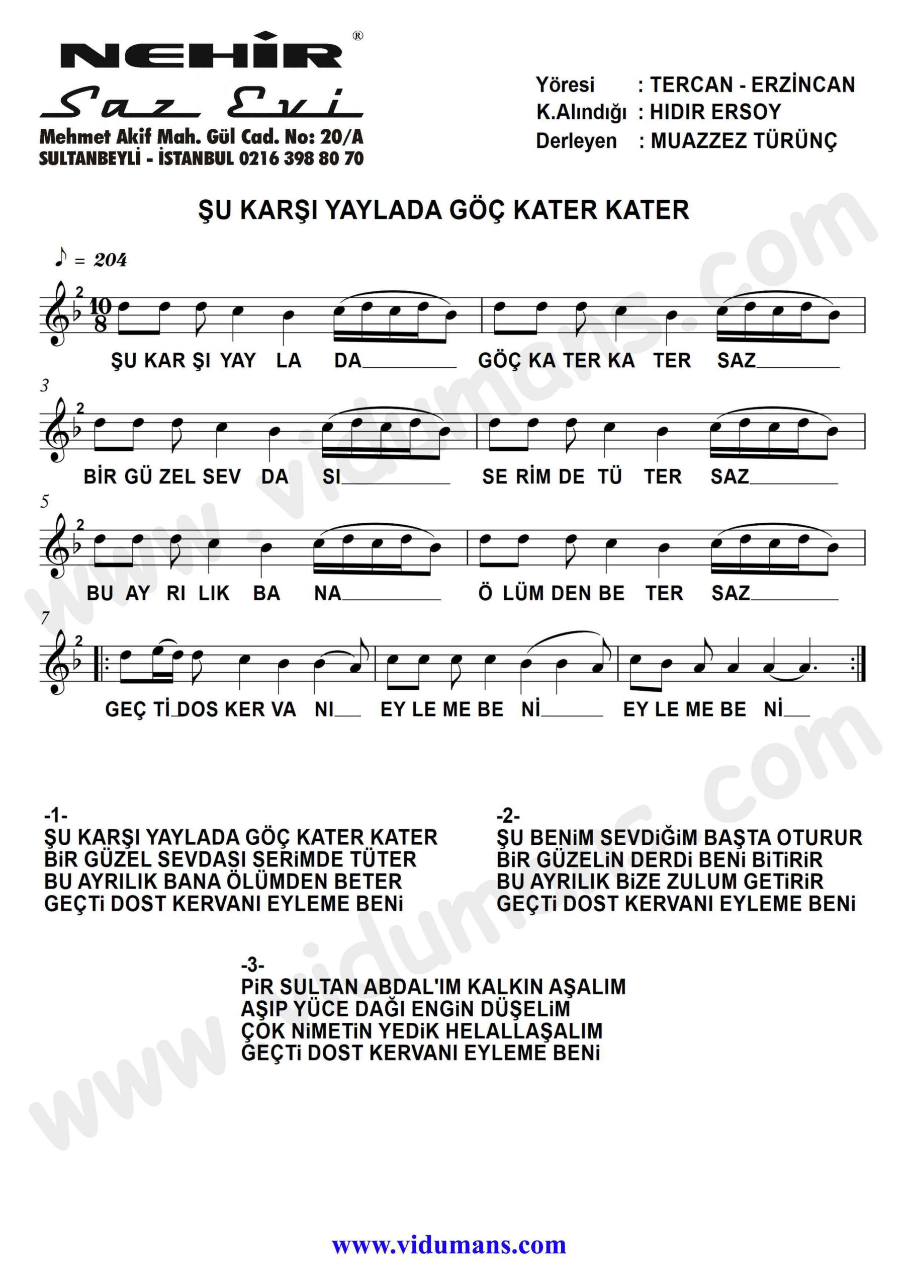 Su Karsi Yaylada Goc Kater Kater-Baglama-Saz-Turku-Notalari