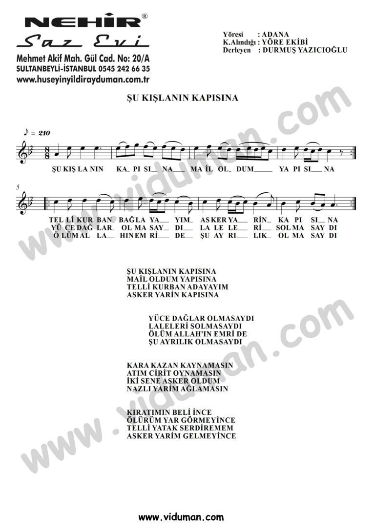 Su Kislanin Kapisina-Baglama-Saz-Turku-Notalari