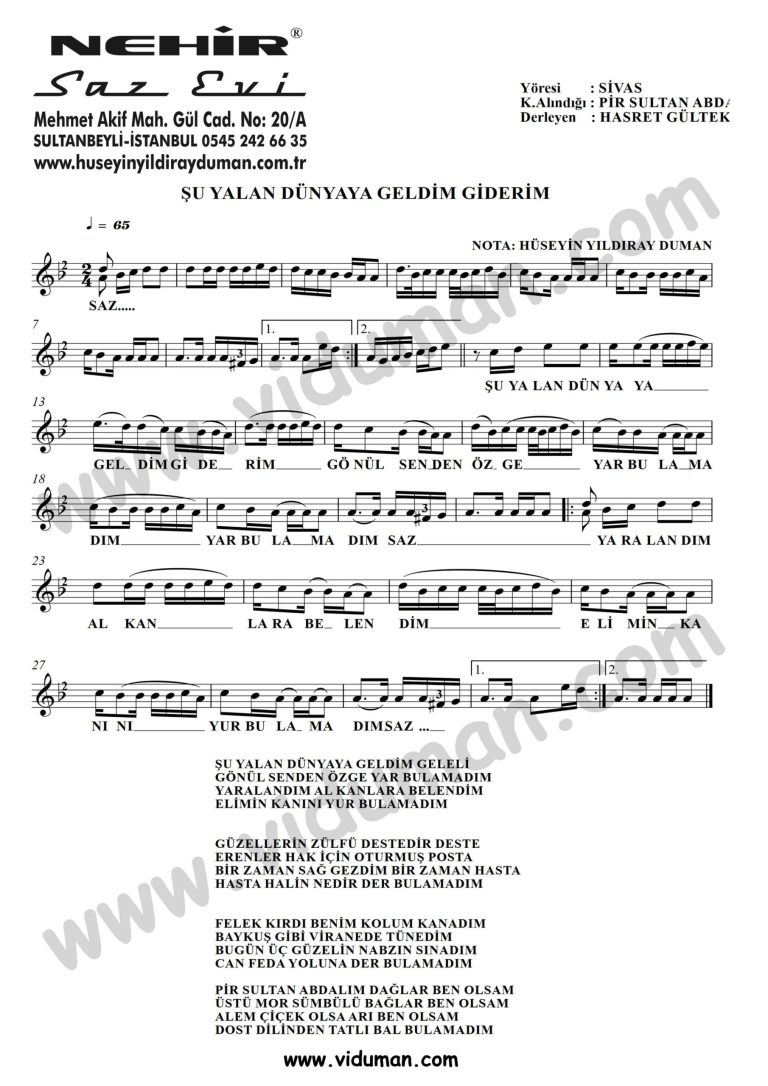 Su Yalan Dunyaya Geldim Giderim-Baglama-Saz-Turku-Notalari