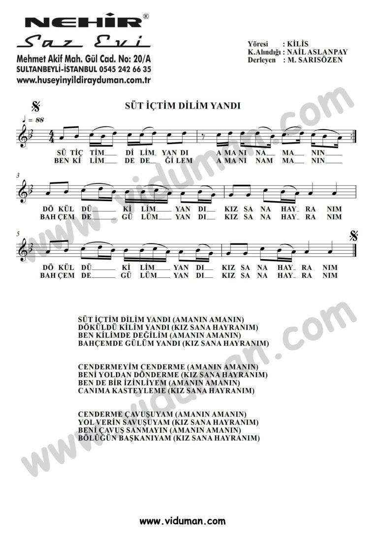 Sut Ictim Dilim Yandi-Baglama-Saz-Turku-Notalari