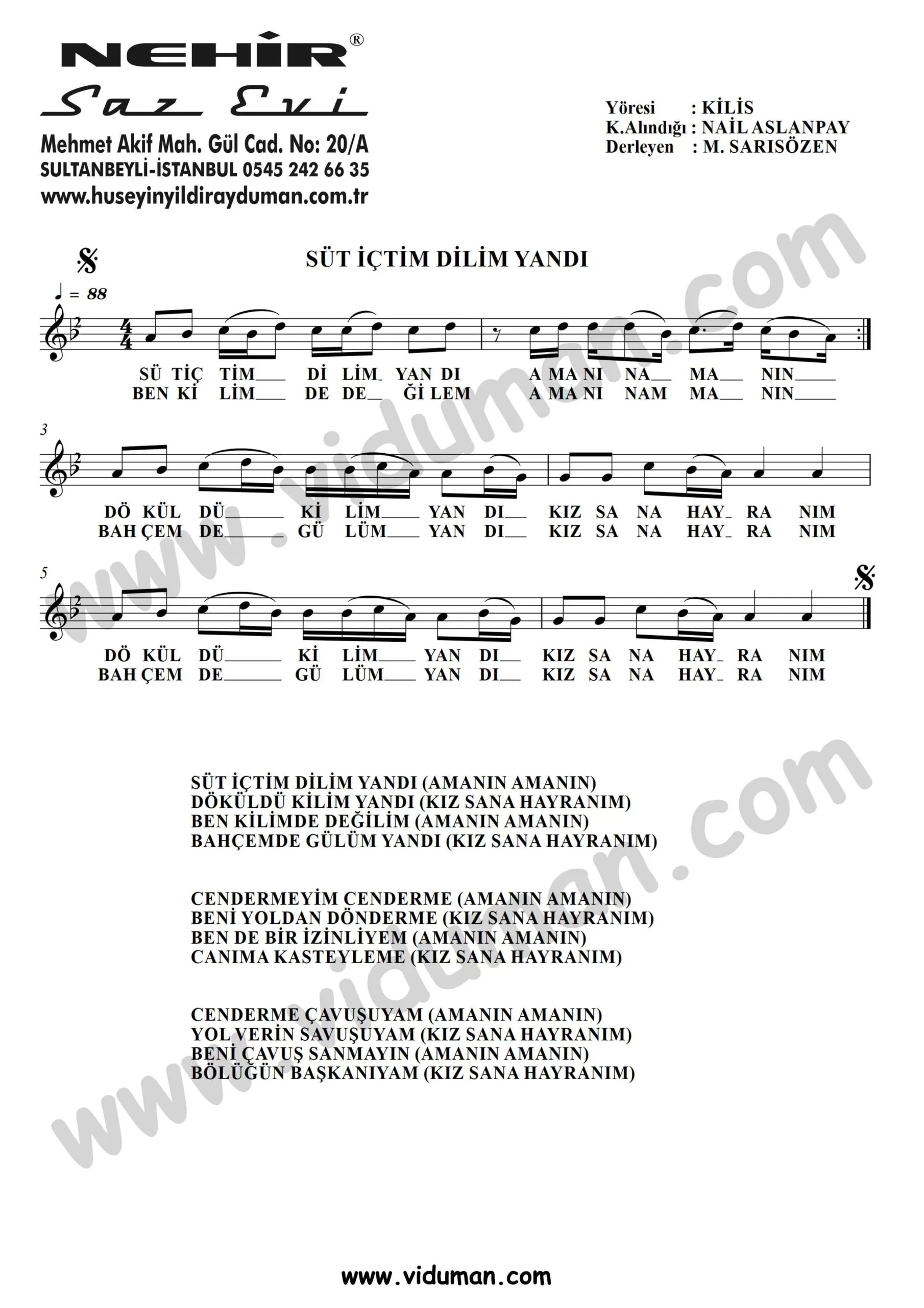 Sut Ictim Dilim Yandi-Baglama-Saz-Turku-Notalari