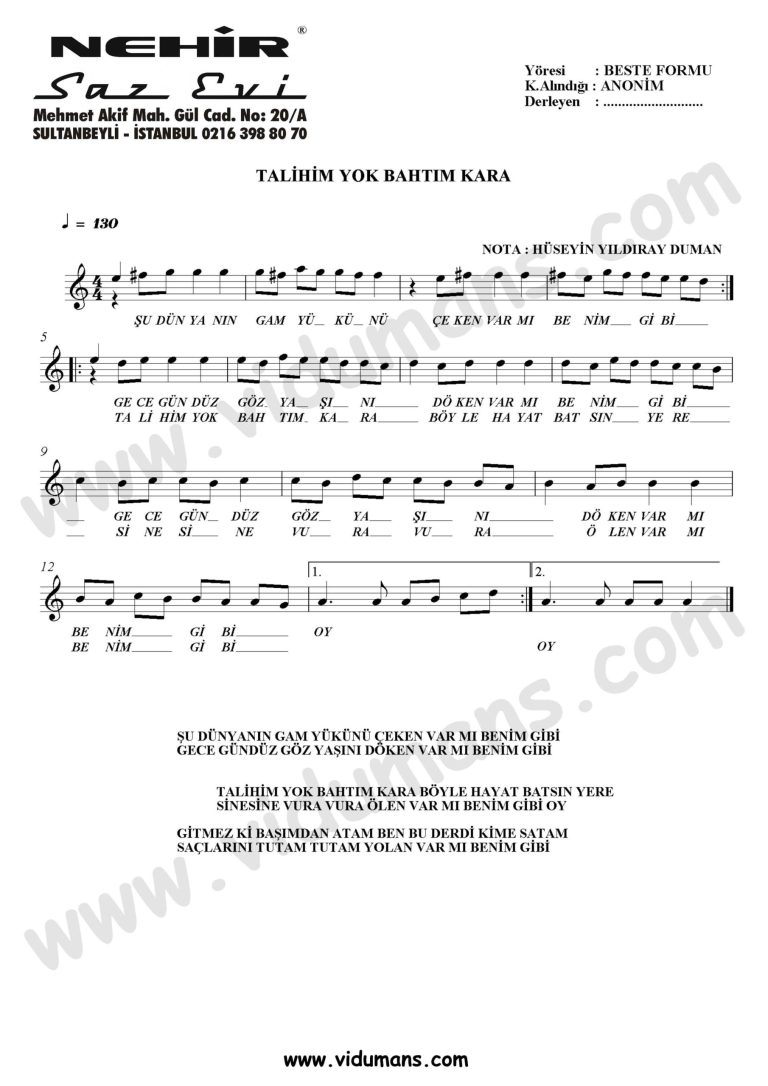 Talihim Yok Bahtim Kara-Baglama-Saz-Turku-Notalari