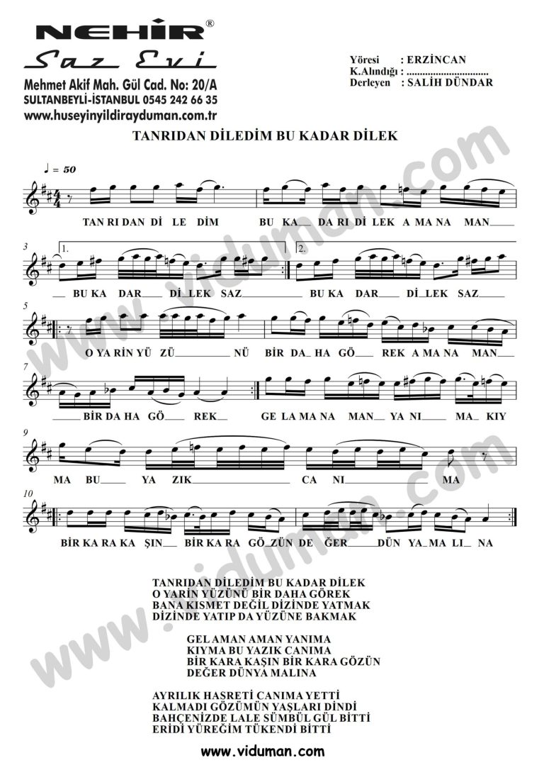 Tanridan Diledim Bu Kadar Dilek-Baglama-Saz-Turku-Notalari