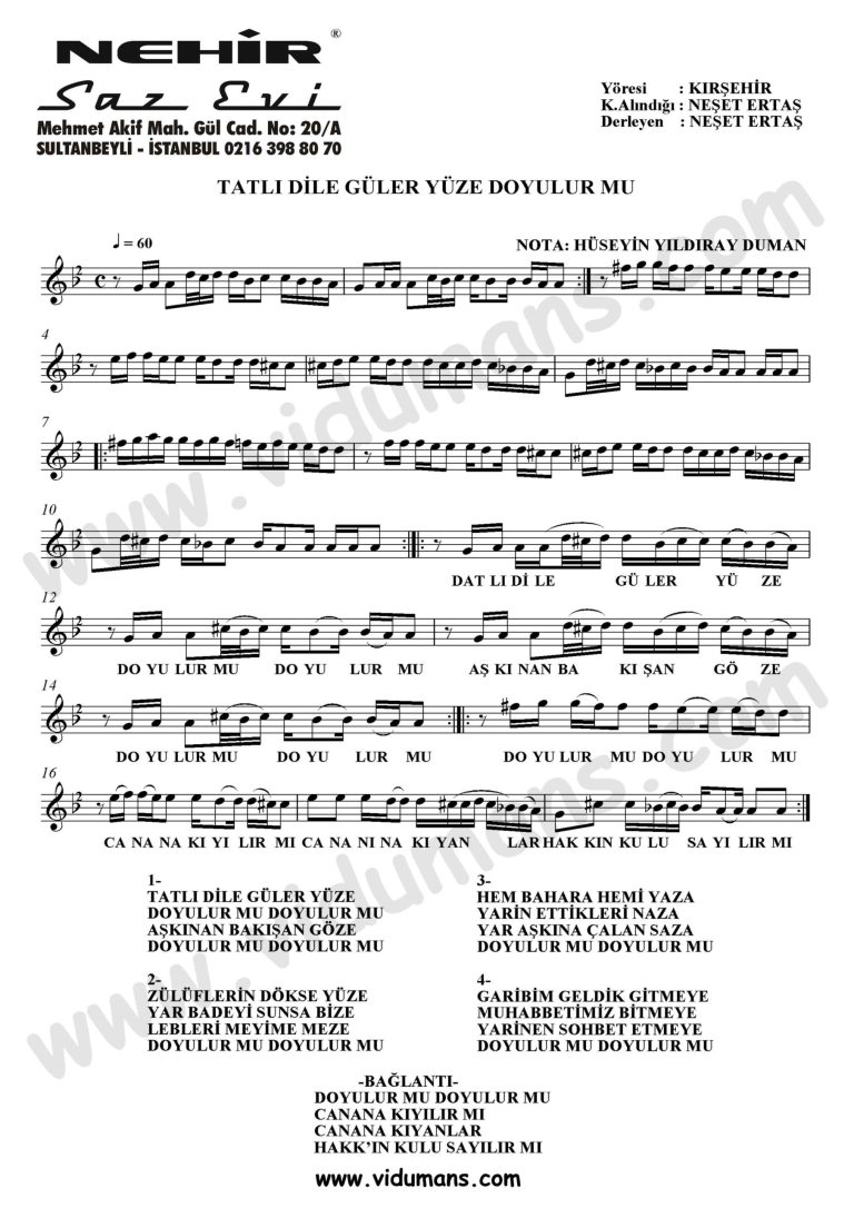 Tatli Dile Guler Yuze Doyulur Mu-Baglama-Saz-Turku-Notalari