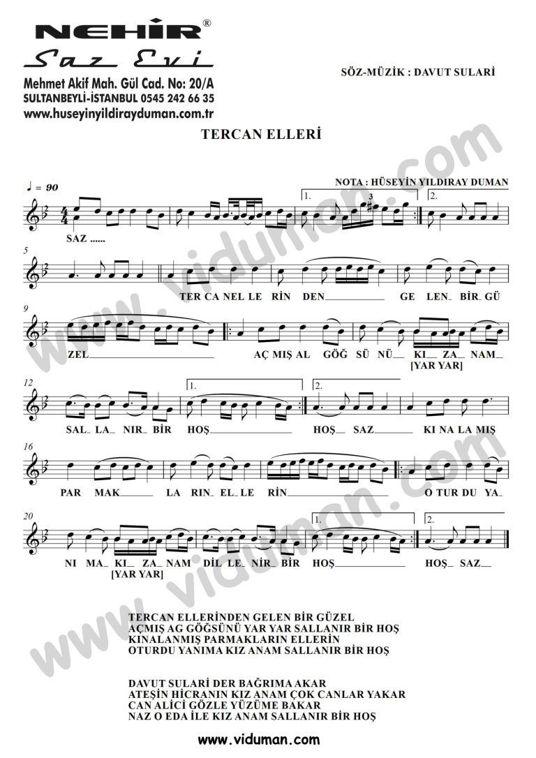 Tercan Elleri-Baglama-Saz-Turku-Notalari