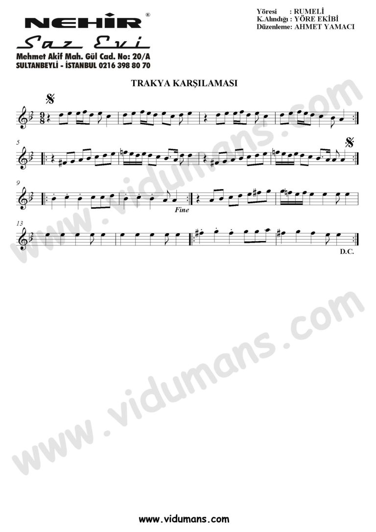 Trakya Karsilamasi-Baglama-Saz-Turku-Notalari