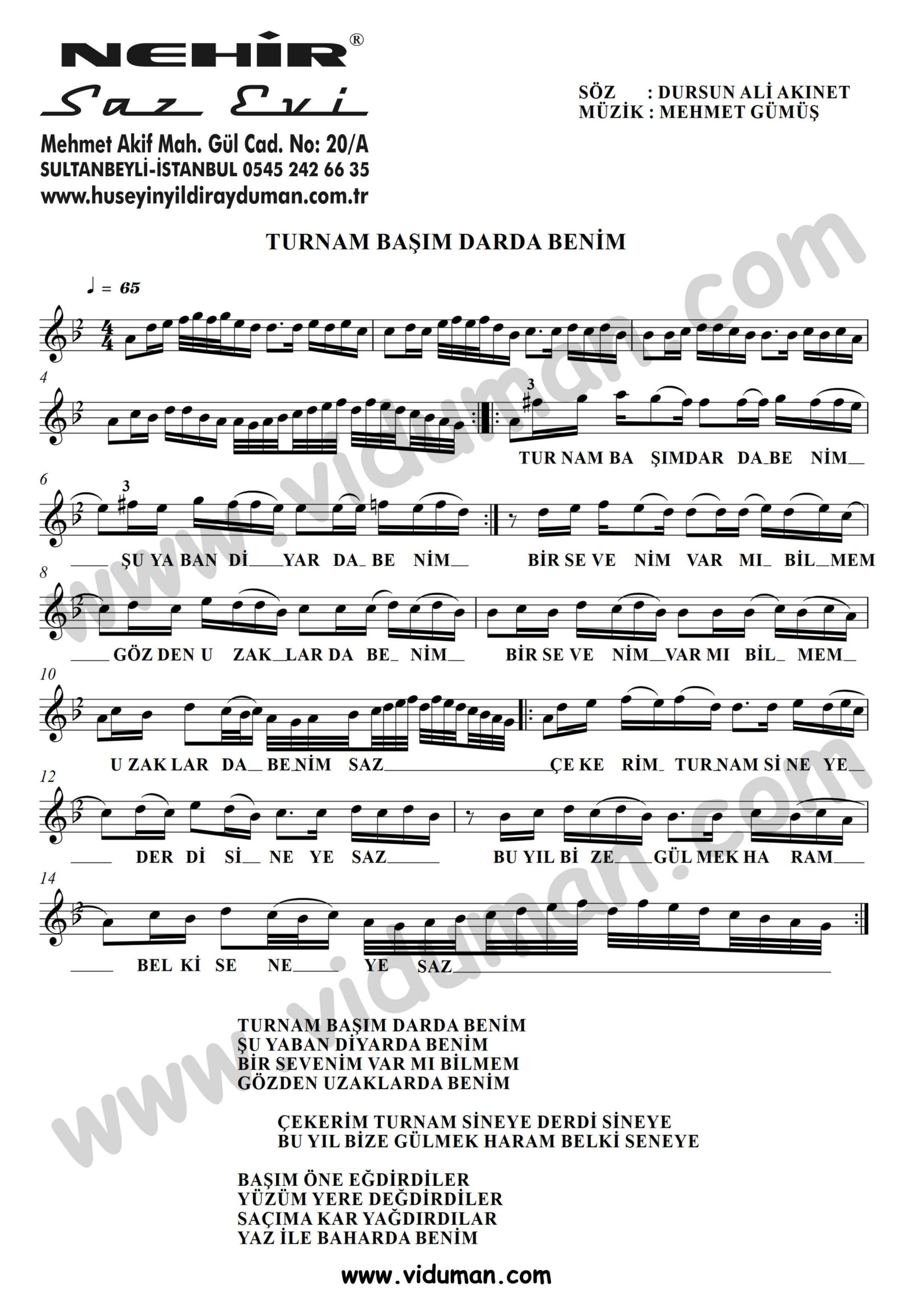 Turnam Basim Darda Benim-Baglama-Saz-Turku-Notalari