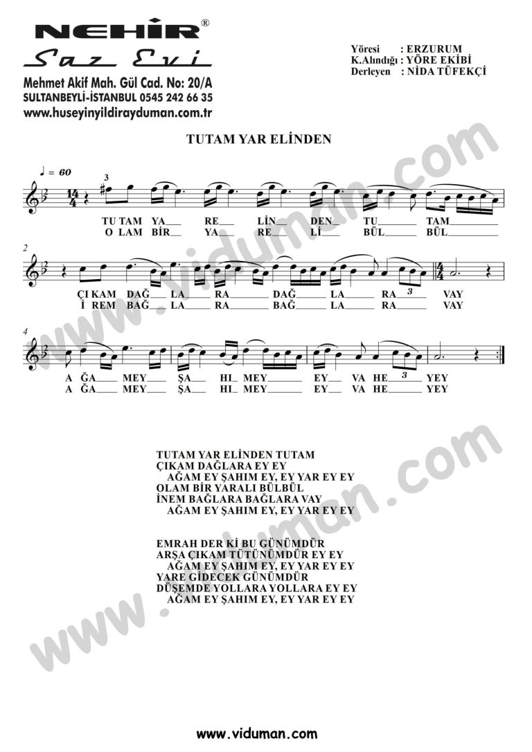 Tutam Yar Elinden-Baglama-Saz-Turku-Notalari