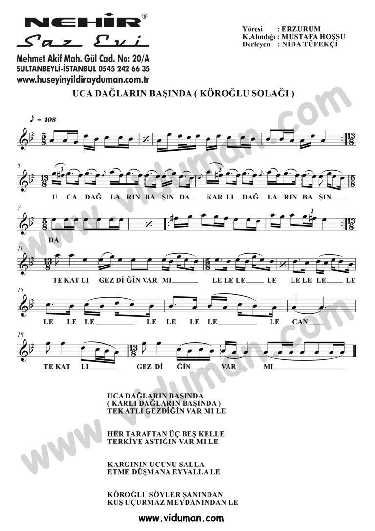 Uca Daglarin Basinda Koroglu Solagi-Baglama-Saz-Turku-Notalari