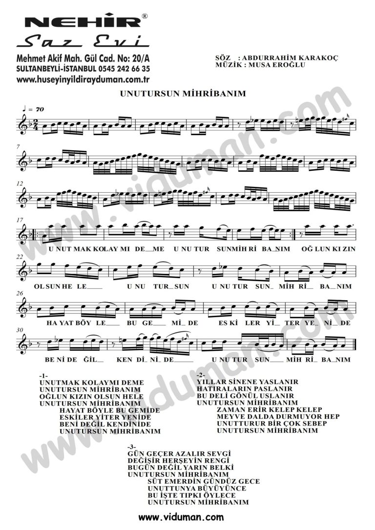 Unutursun Mihribanim-Baglama-Saz-Turku-Notalari