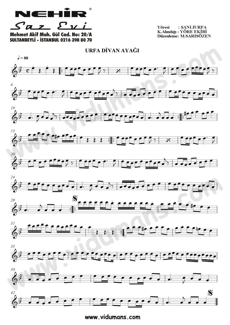 Urfa Divan Ayagi-Baglama-Saz-Turku-Notalari
