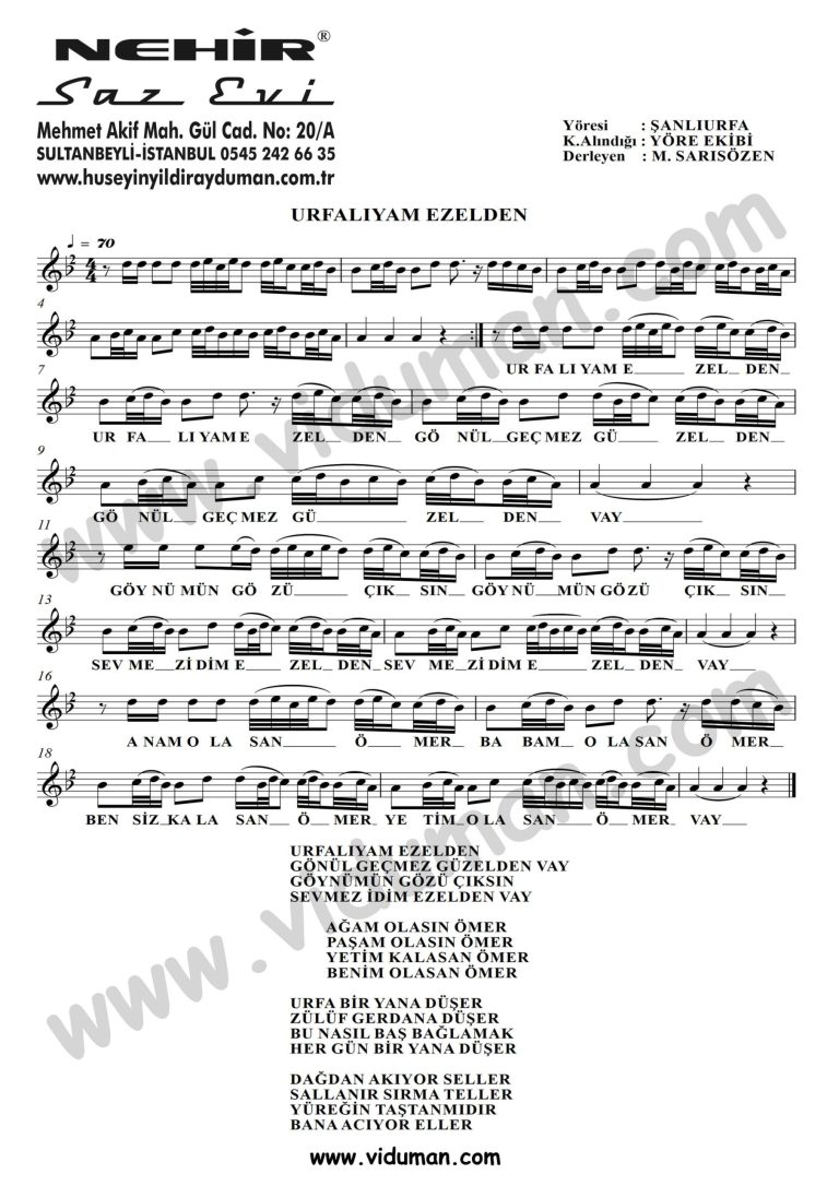 Urfaliyam Ezelden-Baglama-Saz-Turku-Notalari