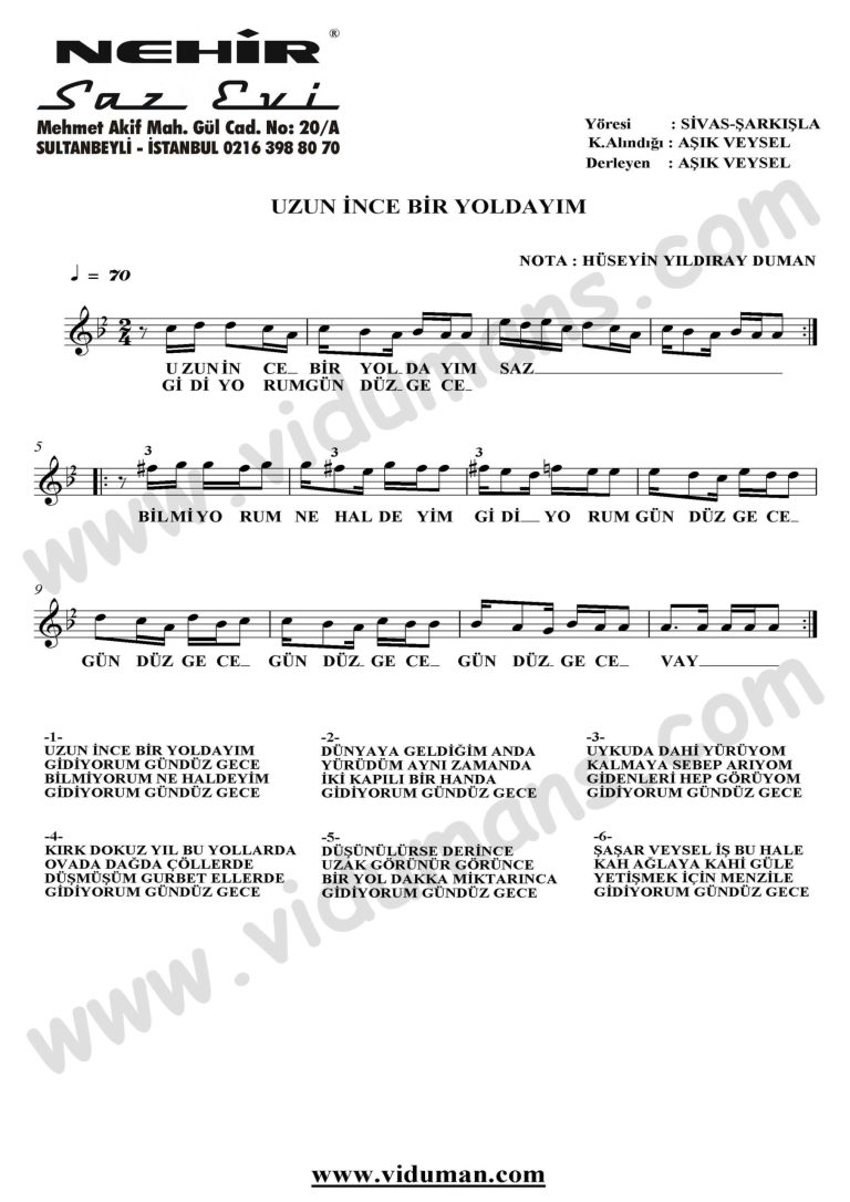 Uzun Ince Bir Yoldayim-Baglama-Saz-Turku-Notalari