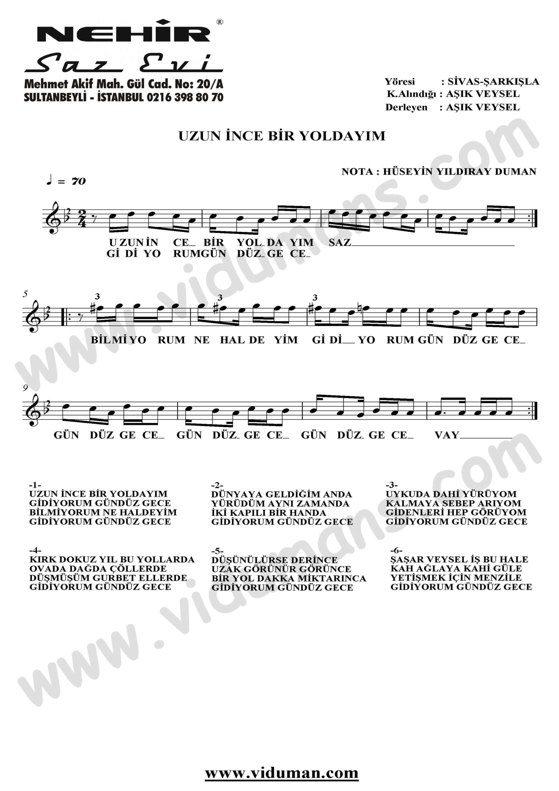 Uzun Ince Bir Yoldayim-Baglama-Saz-Turku-Notalari