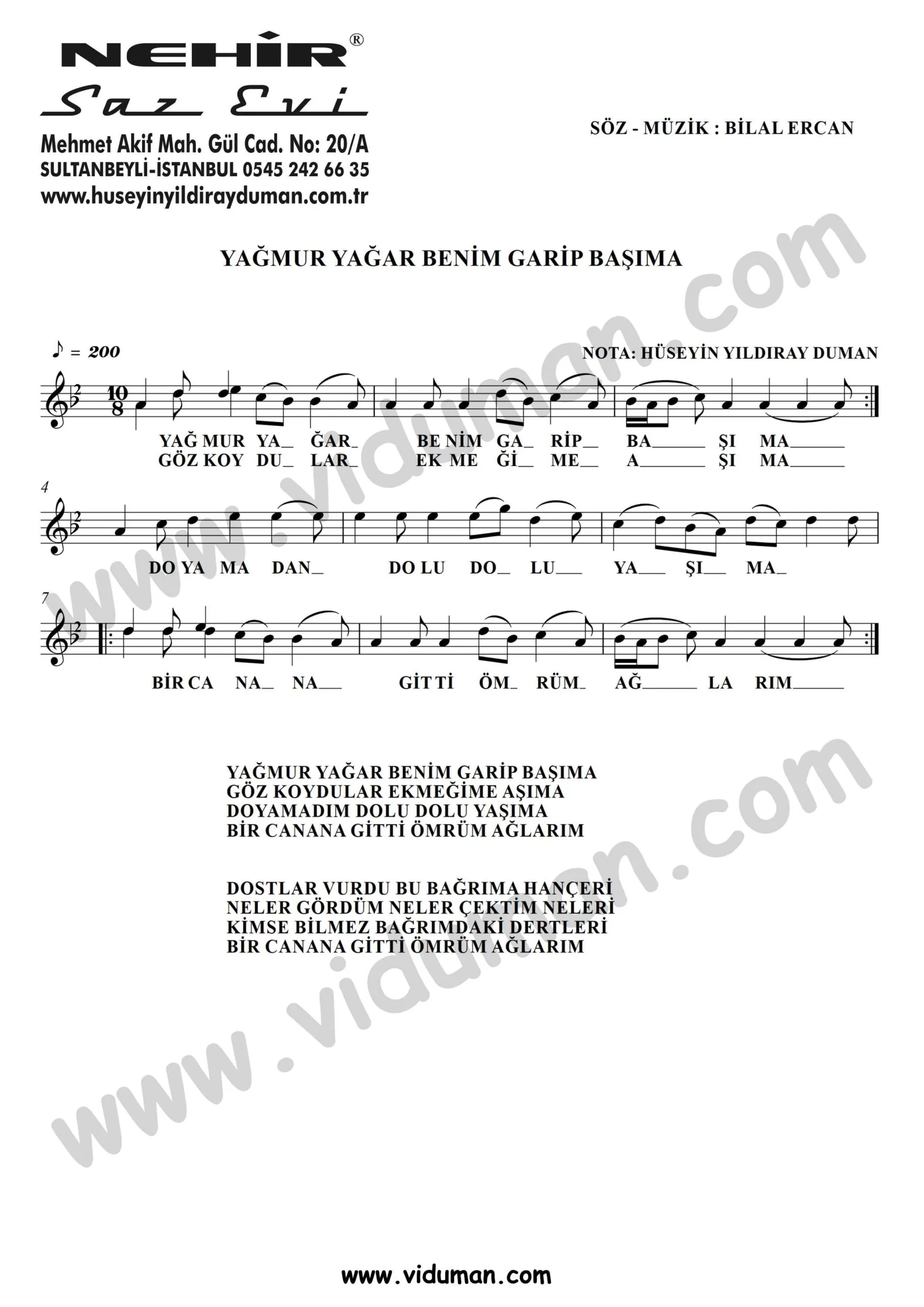 Yagmur Yagar Benim Garip Basima-Baglama-Saz-Turku-Notalari
