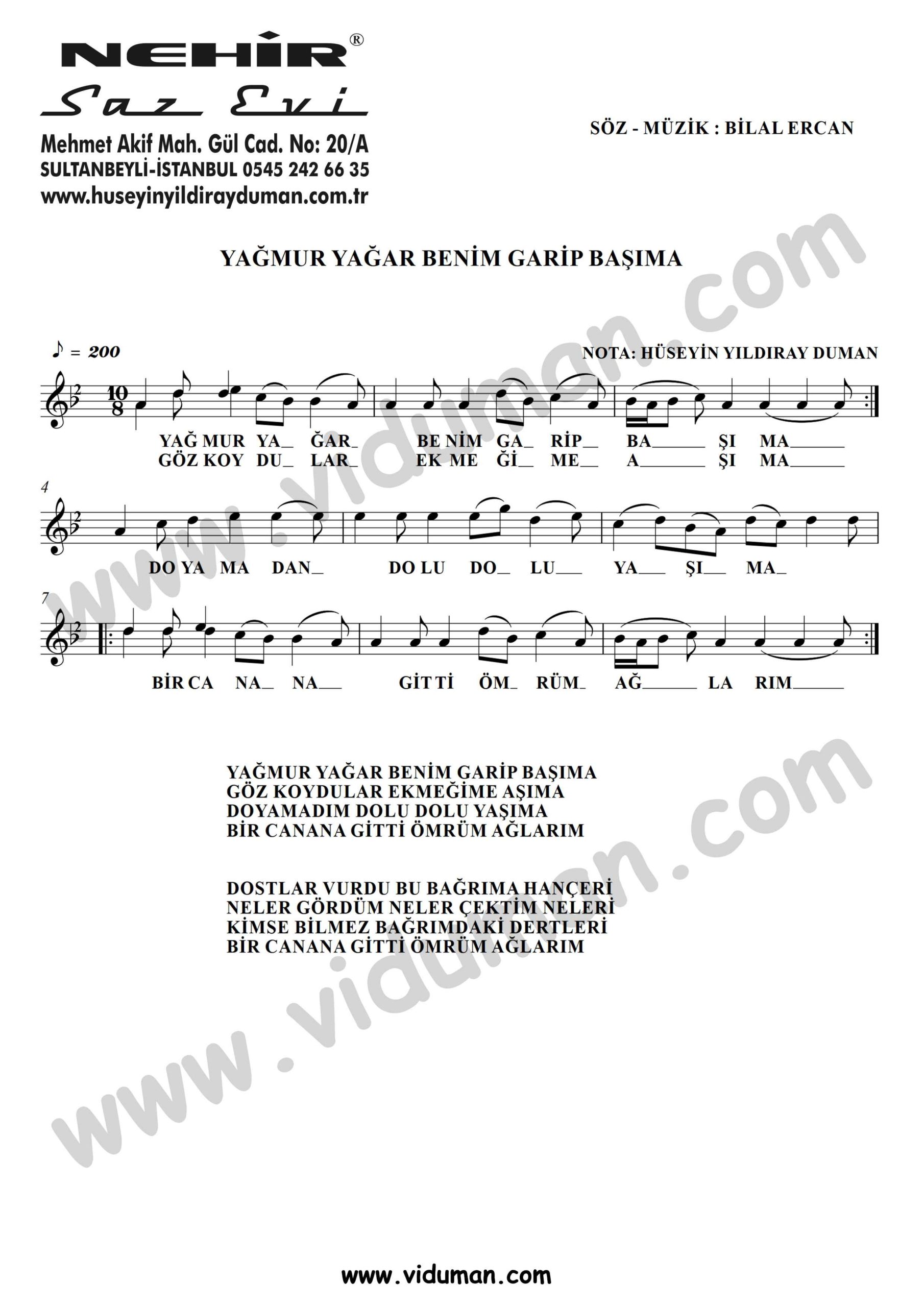 Yagmur Yagar Benim Garip Basima-Baglama-Saz-Turku-Notalari