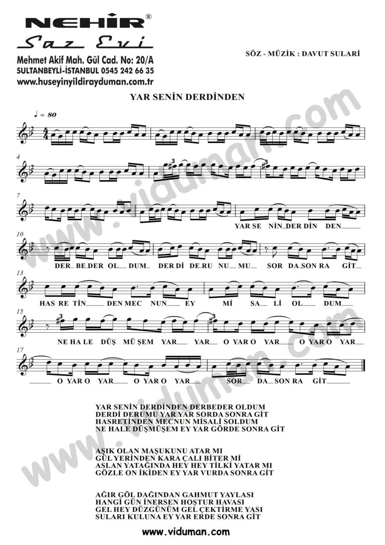 Yar Senin Derdinden-Baglama-Saz-Turku-Notalari