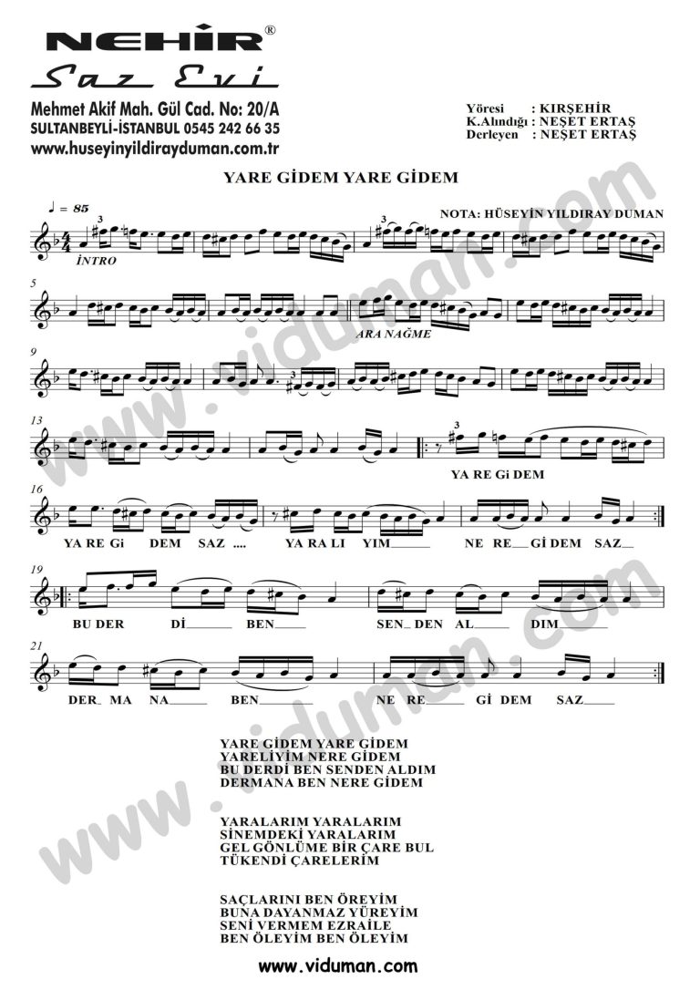 Yare Gidem Yare Gidem-Baglama-Saz-Turku-Notalari