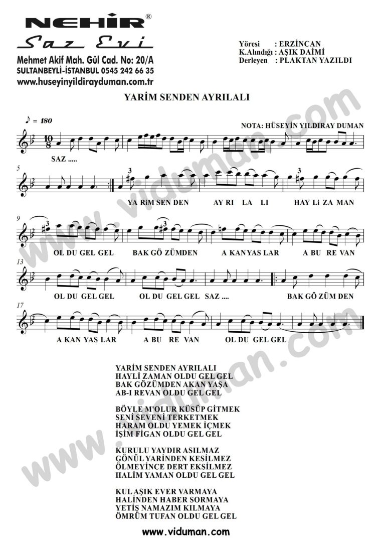 Yarim Senden Ayrilali-Baglama-Saz-Turku-Notalari