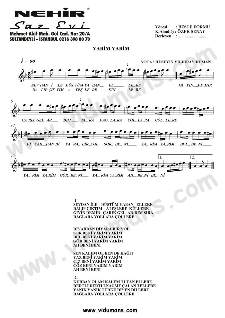 Yarim Yarim Yarim (Sevdan Ile Dustum Yaban Ellere)-Baglama-Saz-Turku-NotalariYarim-Baglama-Saz-Turku-Notalari