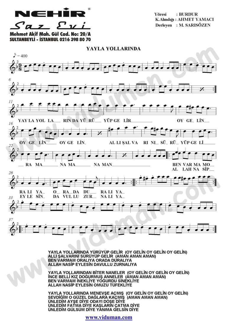 Yayla Yollarinda Yuruyup Gelir-Baglama-Saz-Turku-Notalari