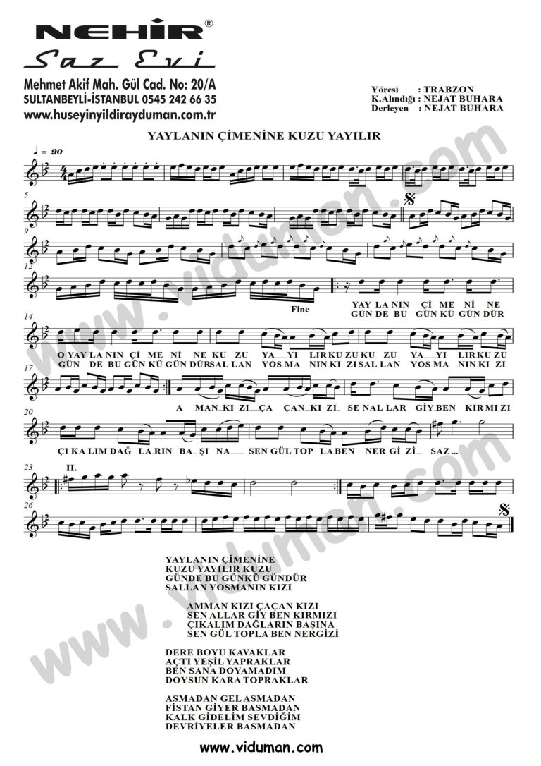 Yaylanin Cimenine Kuzu Yayilir-Baglama-Saz-Turku-Notalari