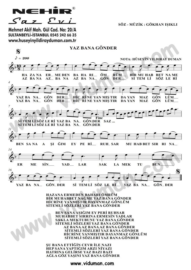Yaz Bana Gonder-Baglama-Saz-Turku-Notalari