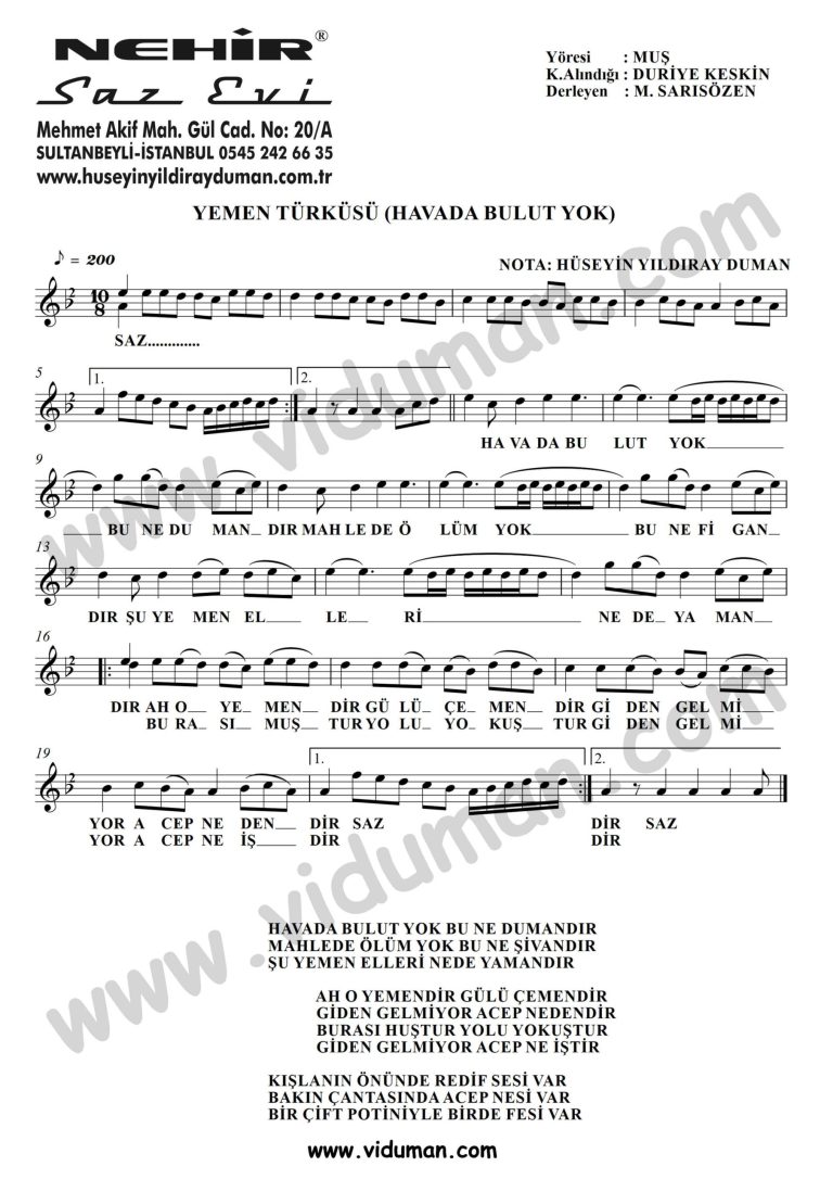 Yemen Turkusu Havada Bulut Yok-Baglama-Saz-Turku-Notalari