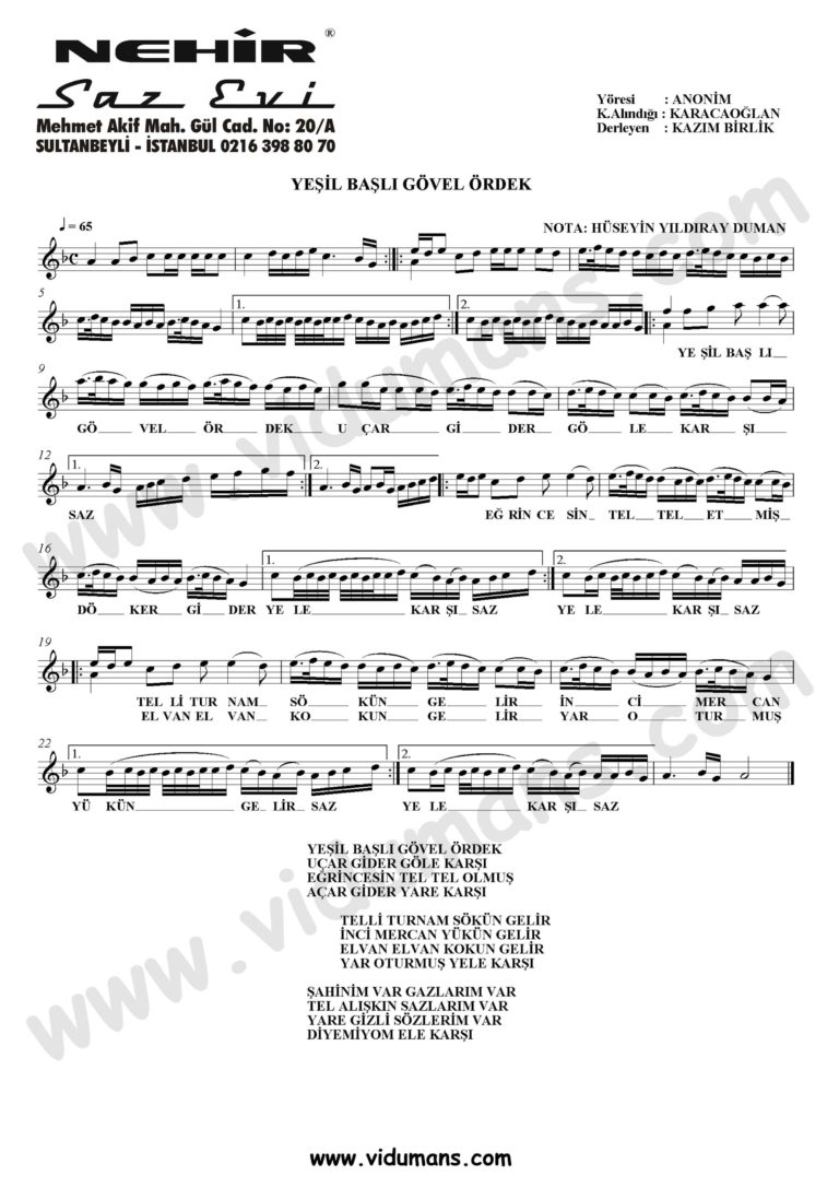 Yesil Basli Govel Ordek-Baglama-Saz-Turku-Notalari