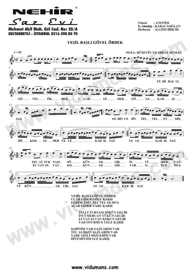 Yesil Basli Govel Ordek-Baglama-Saz-Turku-Notalari