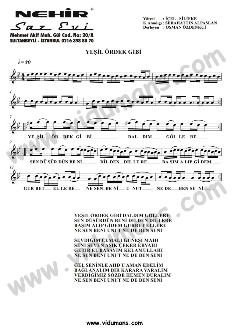 Yesil Ordek Gibi-Baglama-Saz-Turku-Notalari