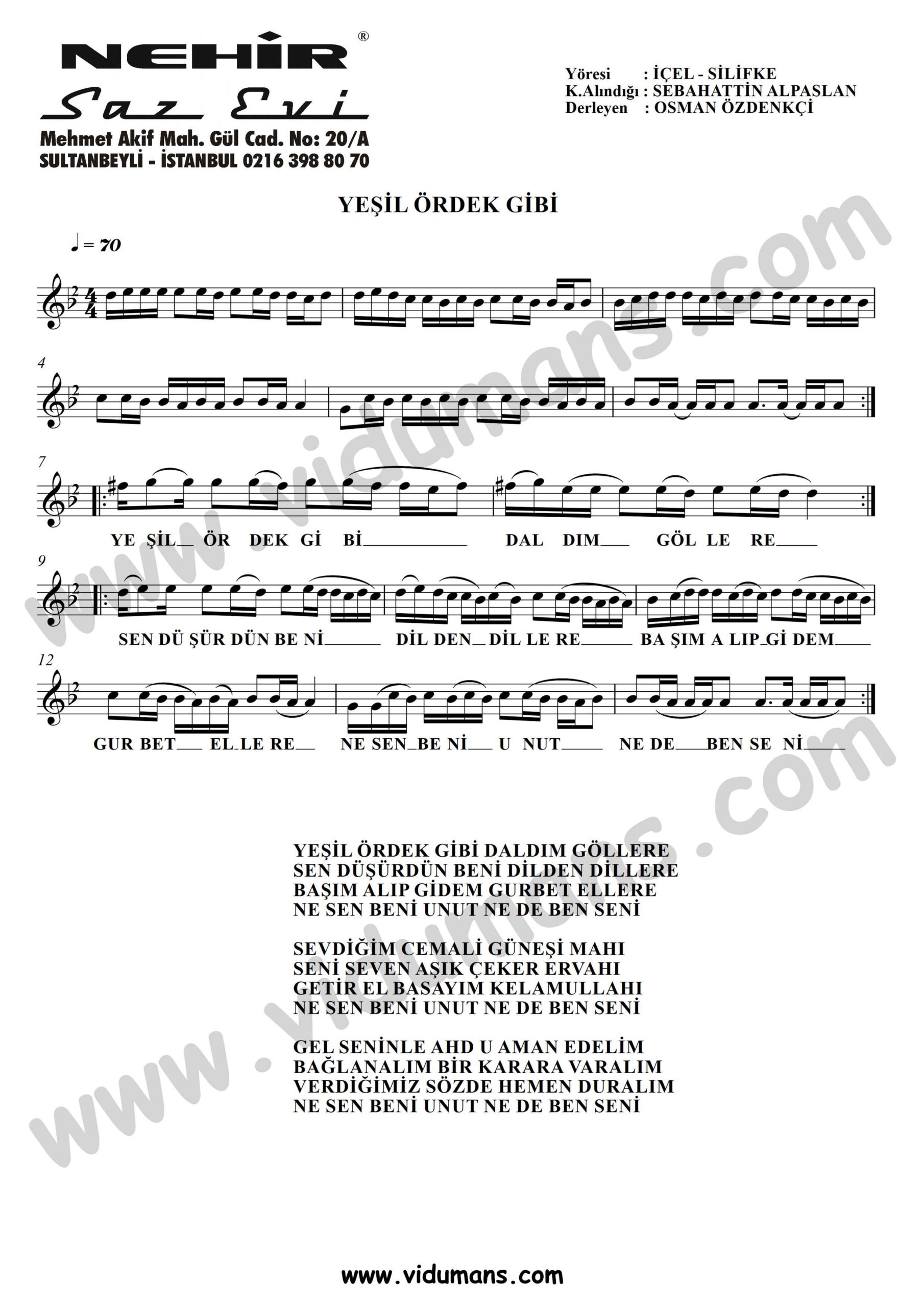 Yesil Ordek-Baglama-Saz-Turku-Notalari