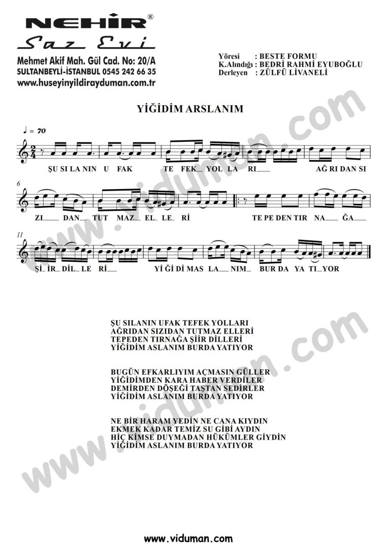 Yigidim Arslanim-Baglama-Saz-Turku-Notalari