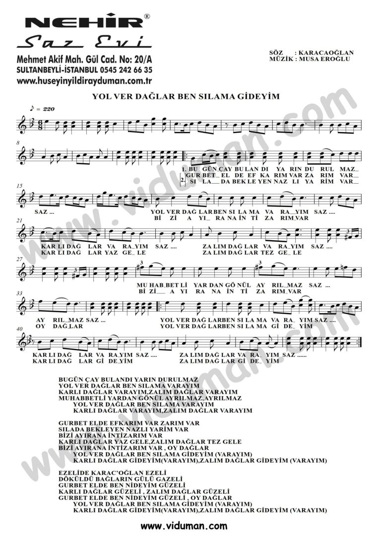 Yol Ver Daglar Ben Silama Gideyim-Baglama-Saz-Turku-Notalari