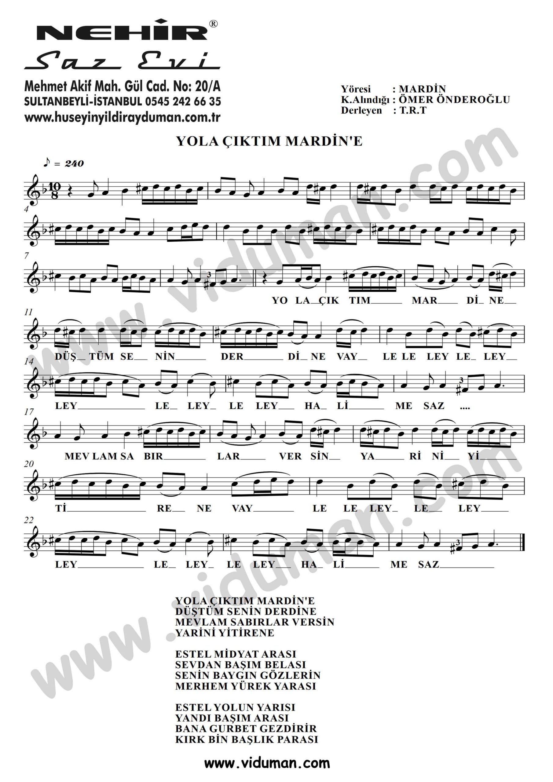 Yola Ciktim Mardine-Baglama-Saz-Turku-Notalari